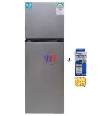 Silver top-freezer refrigerator with free voltage guard