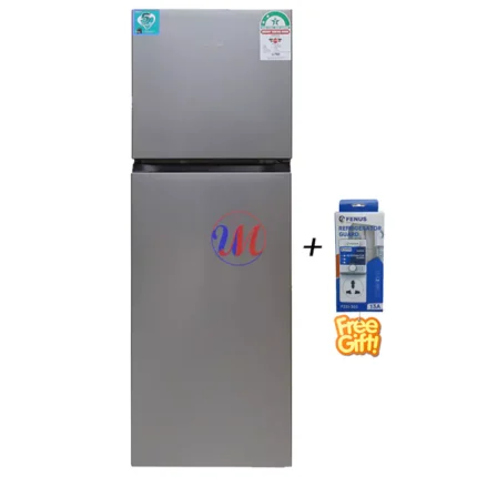 Silver top-freezer refrigerator with free voltage guard