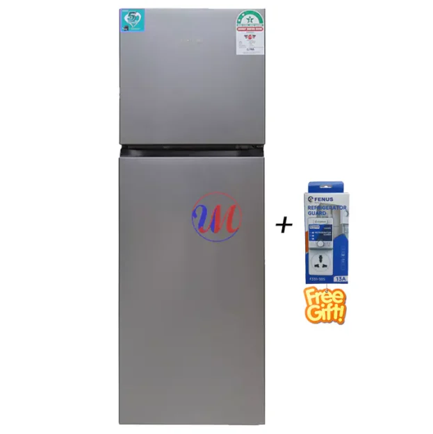 Silver top-freezer refrigerator with free voltage guard