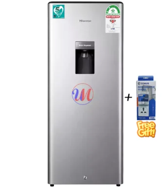 Silver Hisense refrigerator with water dispenser and free guard