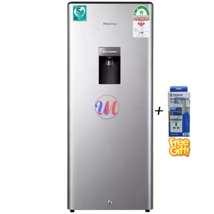 Silver Hisense refrigerator with water dispenser and free guard