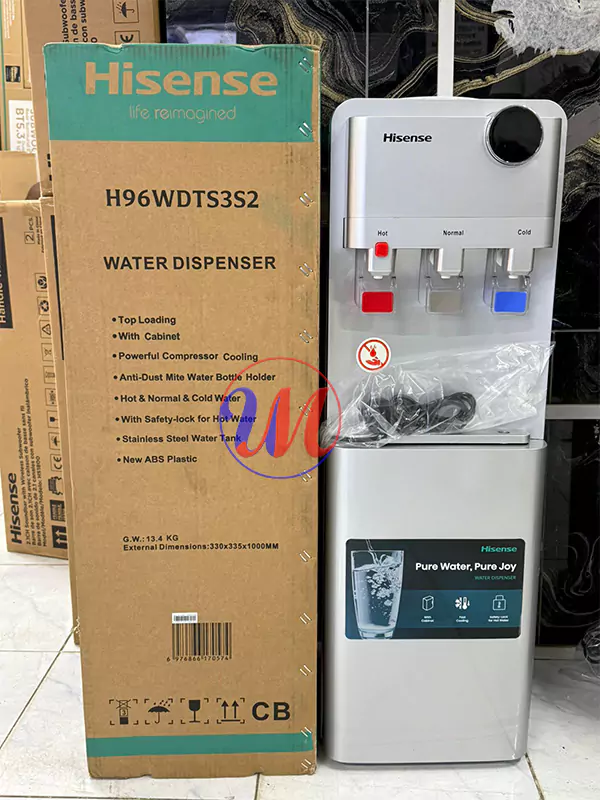 Hisense water dispenser beside product box
