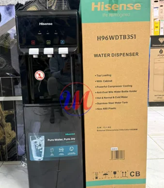 Hisense water dispenser beside retail packaging box