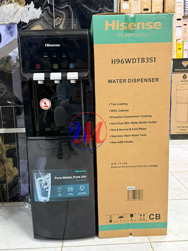 Hisense water dispenser beside retail packaging box