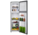 Open top-freezer refrigerator stocked with fresh food