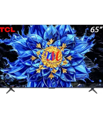 TCL 65-inch TV displaying vibrant blue flower artwork