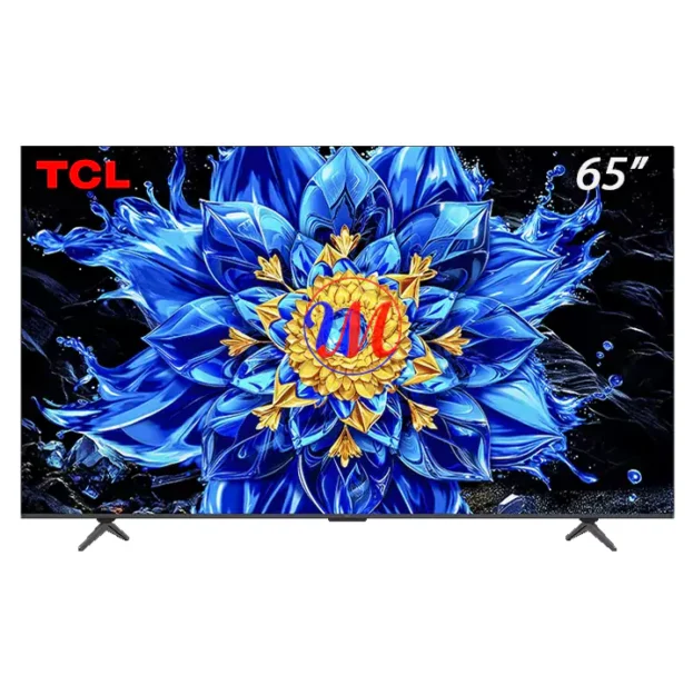 TCL 65-inch TV displaying vibrant blue flower artwork