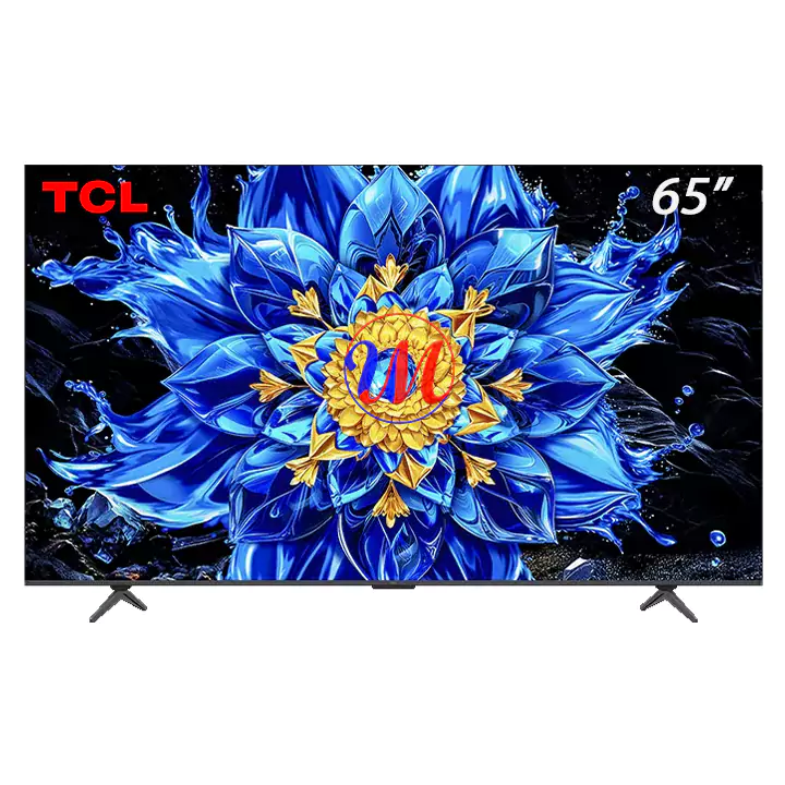 TCL 65-inch TV displaying vibrant blue flower artwork