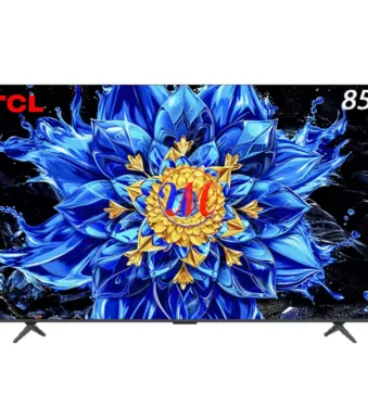 TCL 85-inch TV with vibrant blue flower display