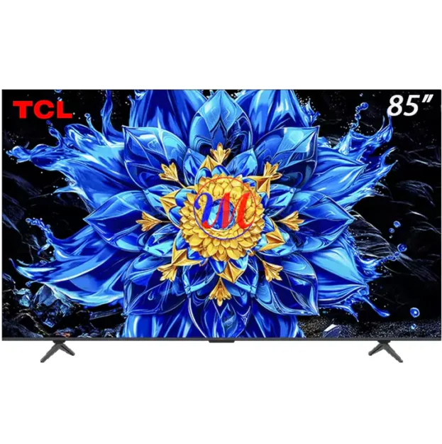 TCL 85-inch TV with vibrant blue flower display