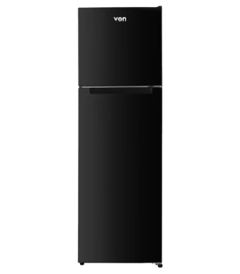 Von 334L Black top-freezer refrigerator with sleek finish
