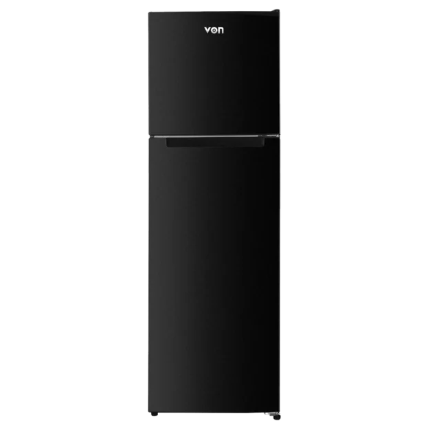 Von 334L Black top-freezer refrigerator with sleek finish