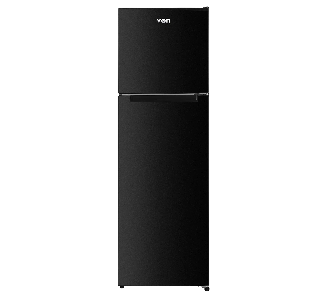 Von 334L Black top-freezer refrigerator with sleek finish