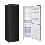 Black bottom-freezer refrigerator with open interior view