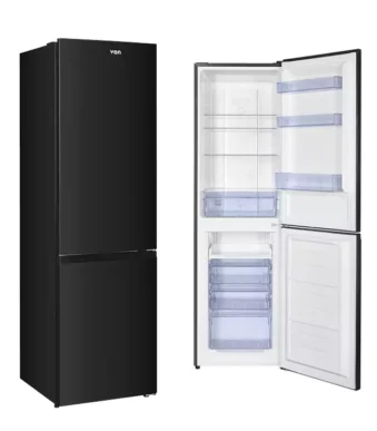 Black bottom-freezer refrigerator with open interior view