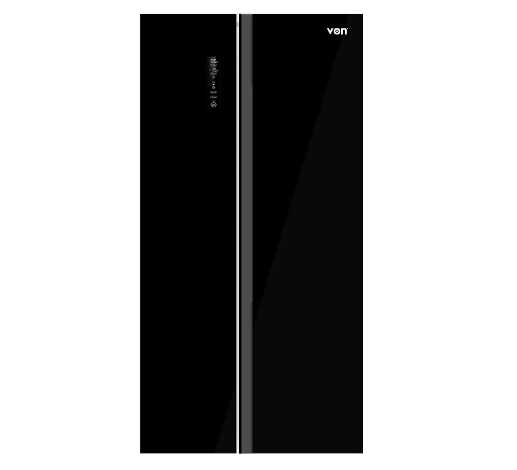 Von Black side-by-side refrigerator with digital display panel