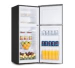Open refrigerator stocked with fruits and beverages