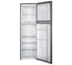Open top-freezer refrigerator with empty shelves