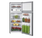 Open refrigerator stocked with fruits, vegetables, and juices