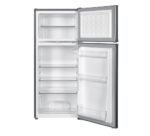 Open top-freezer refrigerator with empty shelves