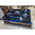 Five-burner black glass gas cooktop on box