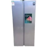 Silver side-by-side refrigerator with product stickers
