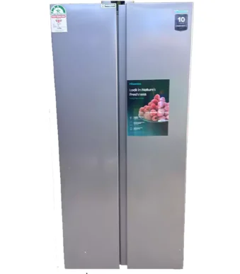 Silver side-by-side refrigerator with product stickers