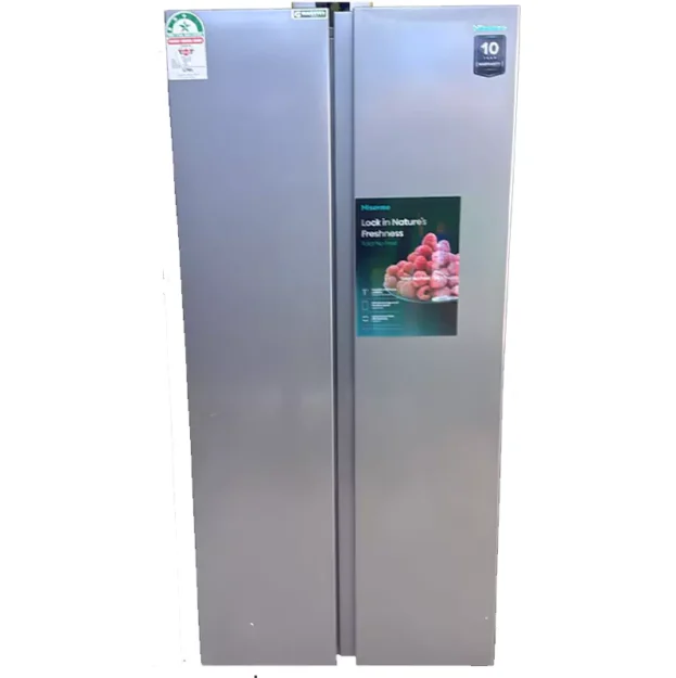 Silver side-by-side refrigerator with product stickers