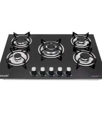 The Image is showing a Bolesi 5 Burner Built-in Gas Hob - Glass Top
