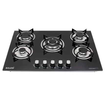 The Image is showing a Bolesi 5 Burner Built-in Gas Hob - Glass Top