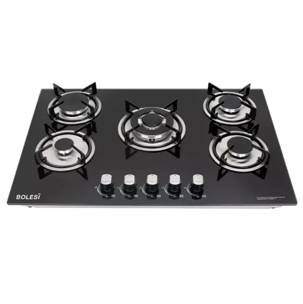 The Image is showing a Bolesi 5 Burner Built-in Gas Hob - Glass Top