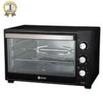 Black countertop toaster oven with glass door
