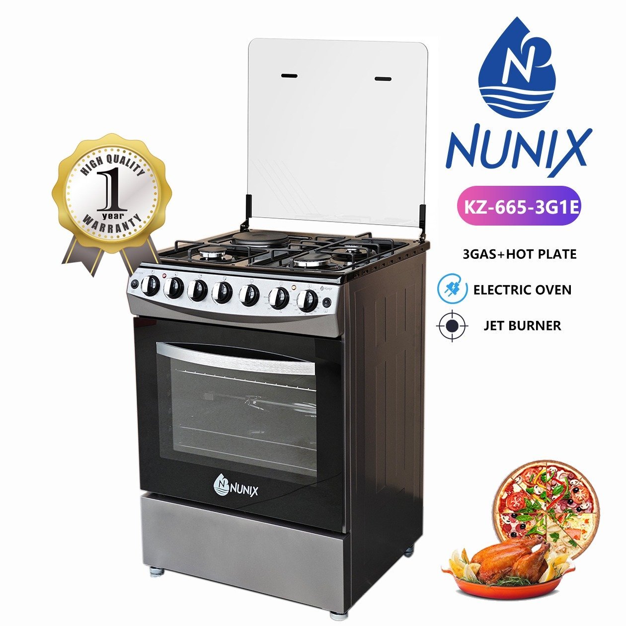 2026/07/1001800180.jpg Nunix KZ-665 3G+1E 60x65cm Standing Cooker With Jet Valve - Image 1