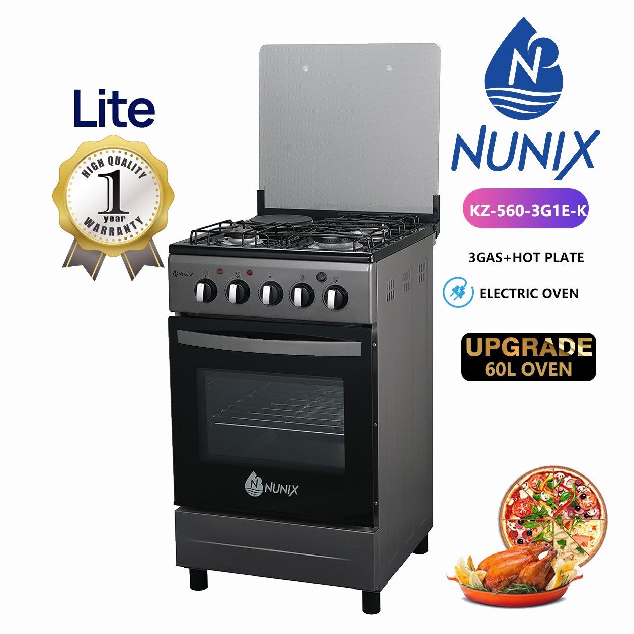 2026/07/1001813644.jpg Nunix 3+1 50x55cm Standing Gas Cooker with Electric Oven - Image 1