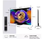85-inch TV with dimensions and remote control