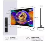 98-inch TV with dimensions and remote control