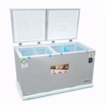 Open double-door chest freezer with baskets