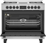 Stainless steel oven with open door and racks