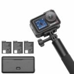 Action camera with selfie stick and batteries