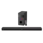 Black soundbar, subwoofer, and remote control set