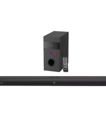 Black soundbar, subwoofer, and remote control set