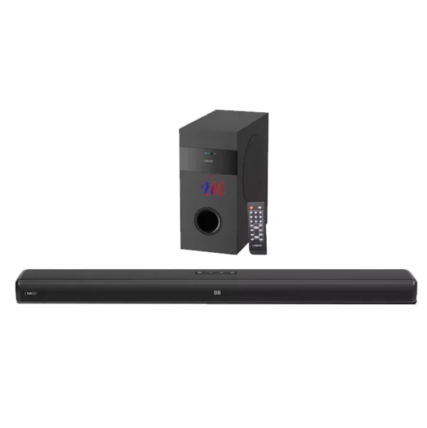 Black soundbar, subwoofer, and remote control set