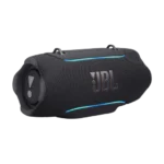 Black JBL portable Bluetooth speaker with blue LED lights