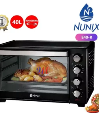 Nunix 40L rotisserie oven with roasted chicken inside