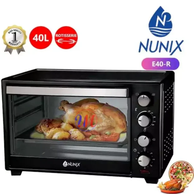 Nunix 40L rotisserie oven with roasted chicken inside