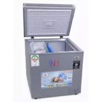 Open gray chest freezer with storage basket