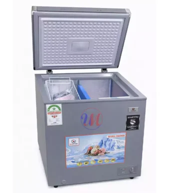 Open gray chest freezer with storage basket
