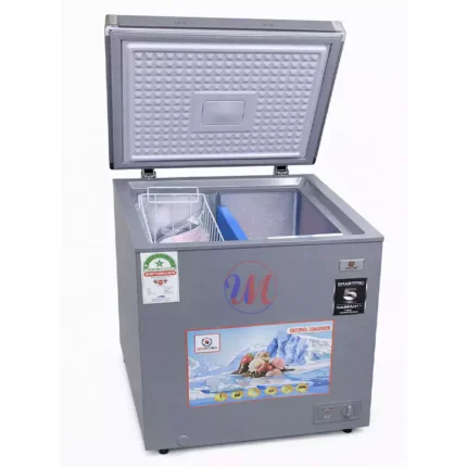Open gray chest freezer with storage basket
