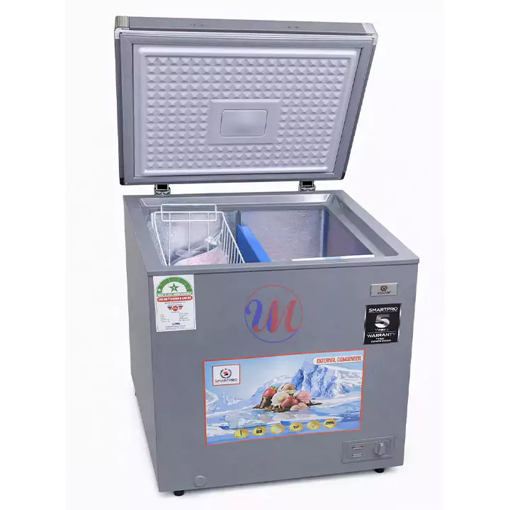 Open gray chest freezer with storage basket
