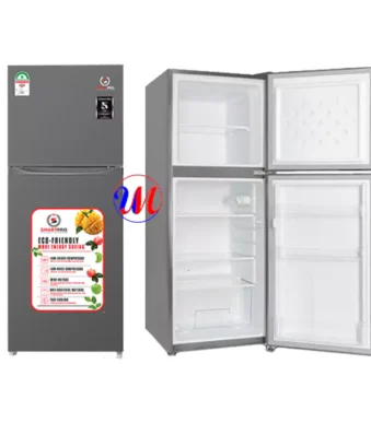 Gray double-door refrigerator with open interior view